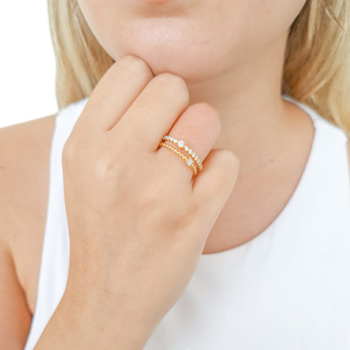 Anel Dois Filetes Pipoca Cravejado e Pontos de Luz Cristal Tamanho 18 Banhado a Ouro 18K