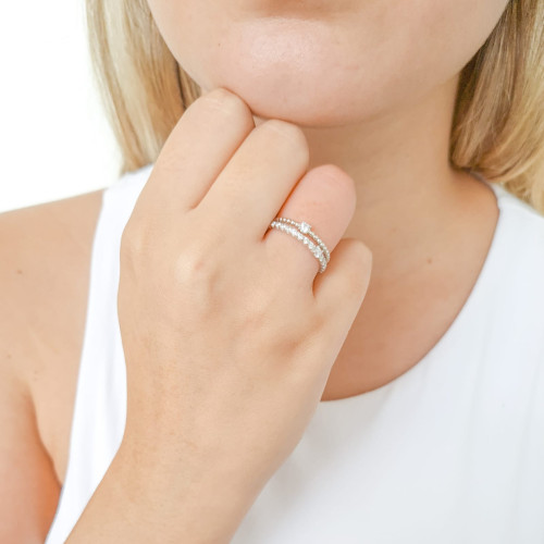 Anel Dois Filetes Pipoca Cravejado e Pontos de Luz Cristal Tamanho 18 Ródio Branco