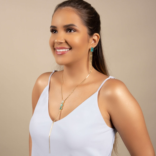 Brinco Retangular Turmalina Franja com Plaquinhas Achatadas Banhado a Ouro 18K