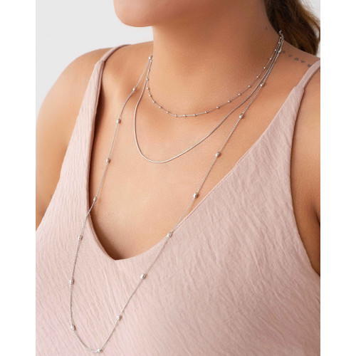 Gargantilha Tripla Bolinhas e Rabo de Rato Ródio Branco