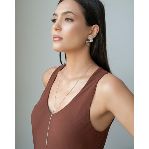 Gargantilha Longa Veneziana Palito Fecho Gravata Ródio Branco