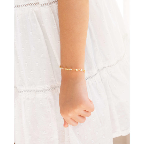 Pulseira Infantil Pérola e Bolinhas Banhado a Ouro 18K