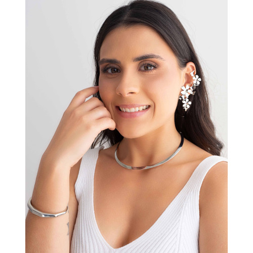 Ear Cuff Flores e Borboletas Ródio Branco