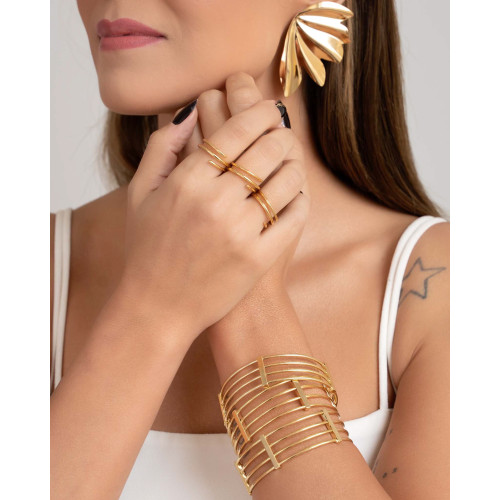 Anel Filetes Lisos Tamanho 17 Banhado a Ouro 18K