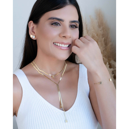 Gargantilha Gravata Malha Fita Quadrado Liso Banhado a Ouro 18K