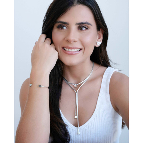 Gargantilha Gravata Malha Fita Quadrado Liso Ródio Branco