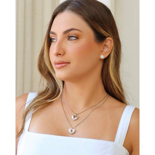 Gargantilha Coração Filho Menina Cristal Ródio Branco - 45 cm