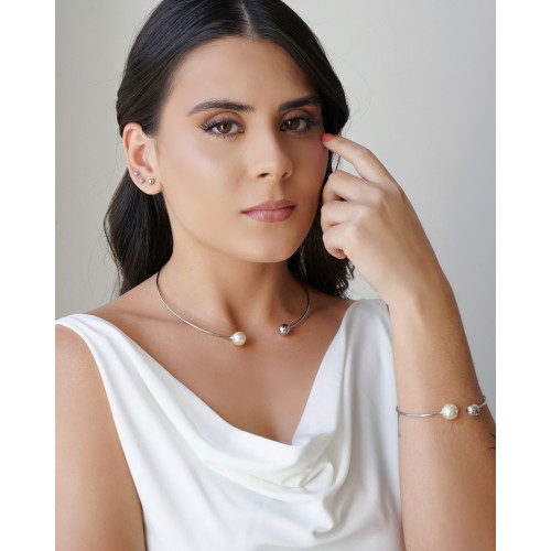 Bracelete Bola Lisa e Pérola Ródio Branco