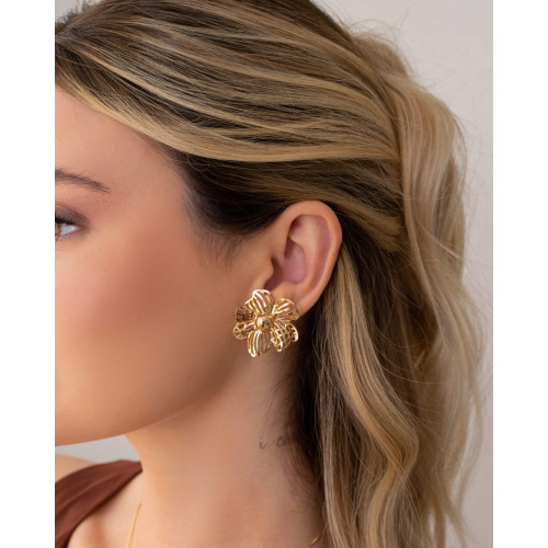 Brinco Flor Vazada 3 cm Banhado a Ouro 18K