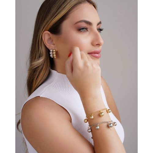 Brinco Meia Argola Bolas Lisas 2.5 cm Ródio Branco