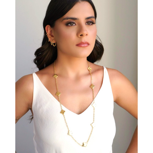 Gargantilha Longa Trevos Riscados Banhado a Ouro 18K - 80 cm