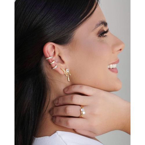 Ear Cuff Orgânico Derretido Ponto de Luz Cristal 2.5 cm Banhado a Ouro 18K