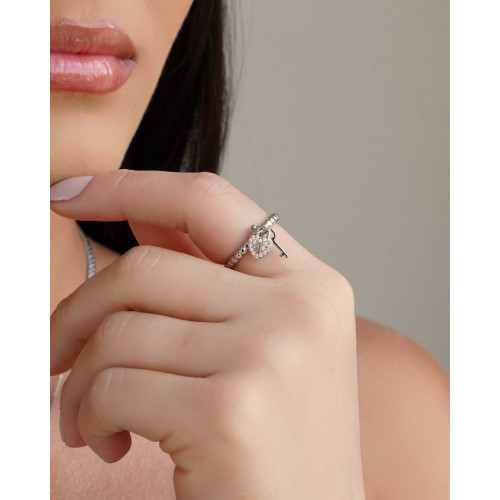 Anel Chave Coração Cravejado Cristal Tamanho 22 Ródio Branco