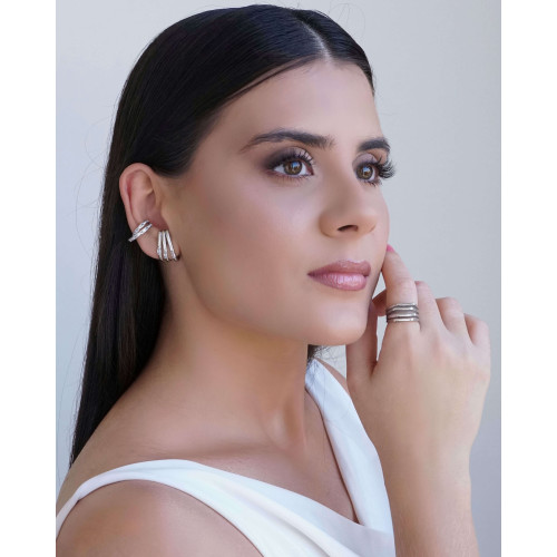 Ear Hook Filetes Baguetes Cristal 2.0 cm Ródio Branco