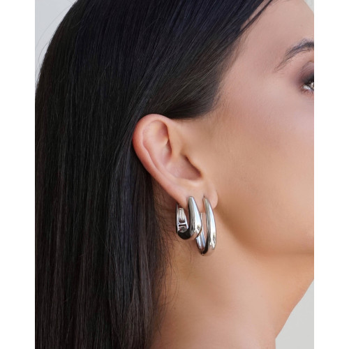 Brinco Argola Click Oval Lisa 3.4 cm Ródio Branco