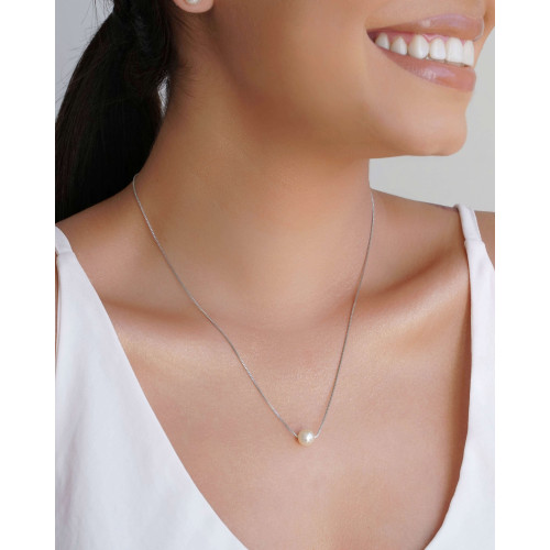 Gargantilha Veneziana Pérola 8 mm Ródio Branco - 45 cm