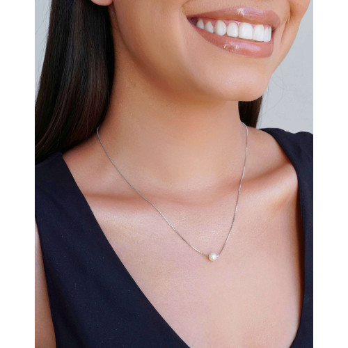 Gargantilha Veneziana Pérola 6 mm Ródio Branco - 45 cm