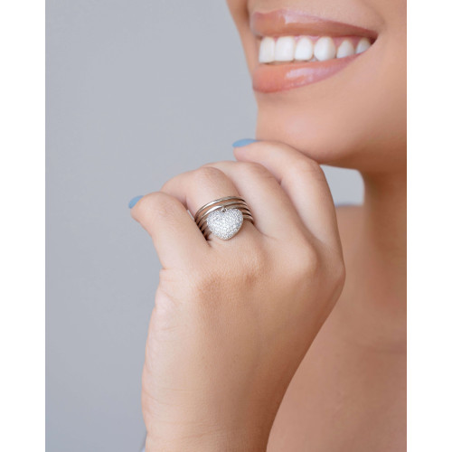 Anel Filetes Coração Cravejado Tamanho 17 Ródio Branco