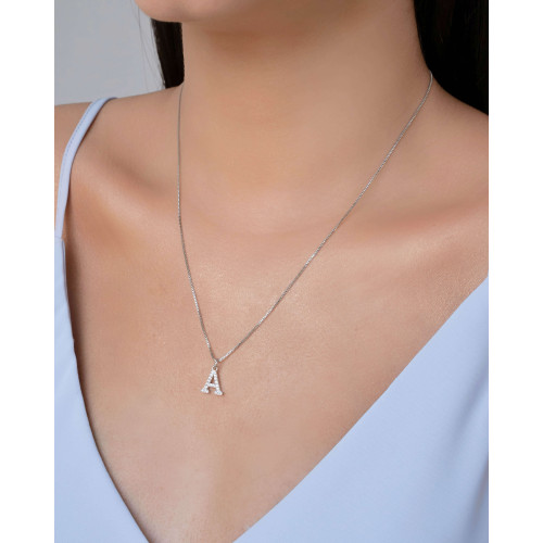 Gargantilha Veneziana Letra A Cravejada Cristal Ródio Branco - 45 cm