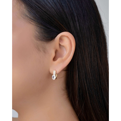 Brinco Argola Ponto de Luz Oval Retângulo Cravejado Cristal Banhado a Ouro 18K