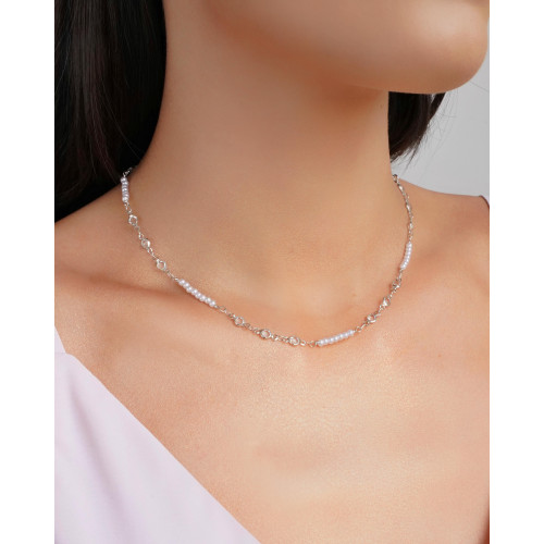 Choker Pérolas Pontos de Luz Cristal Ródio Branco