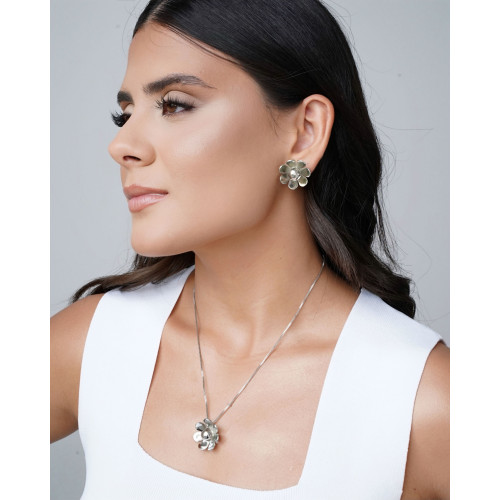 Gargantilha Veneziana Flor Lisa 2.3 cm Ródio Branco - 45 cm