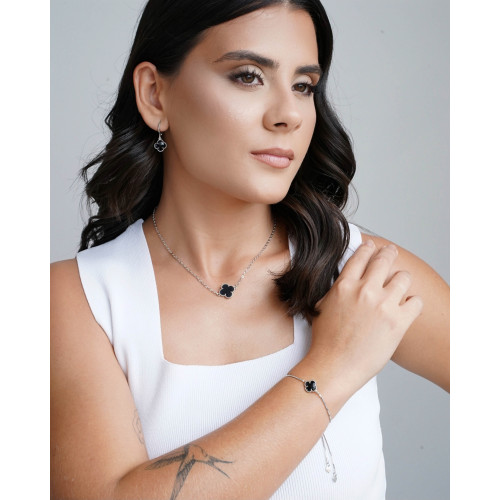 Pulseira Trevo Preto Fecho Gravata Ródio Branco