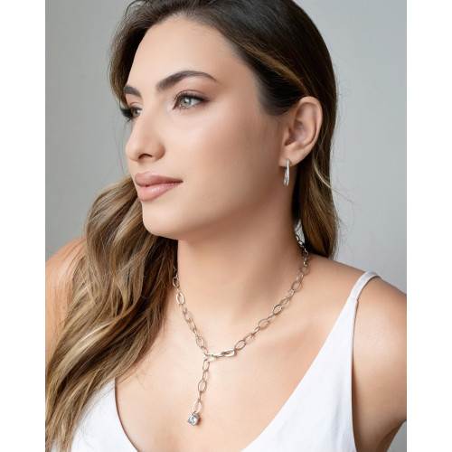 Brinco Argola Entrelaçada Cravejada Cristal 2.2 cm Ródio Branco