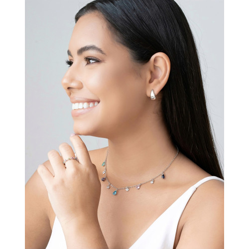 Choker Elos Gotas Coloridas e Pontos de Luz Cristal Ródio Branco
