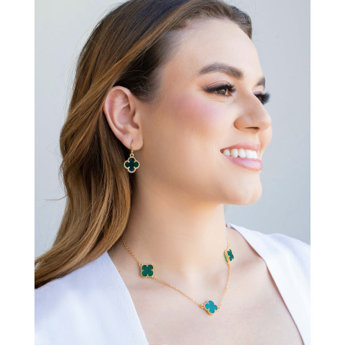 Brinco Argola Click Trevo Esmeralda 3.2 cm Banhado a Ouro 18K