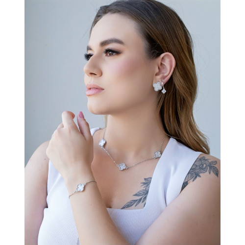 Pulseira Trevo Madrepérola Fecho Gravata Ródio Branco