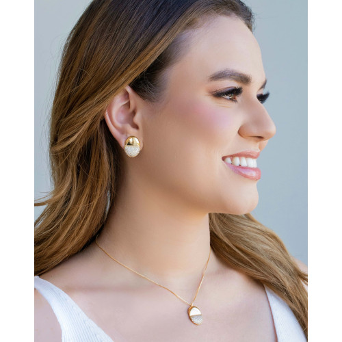 Gargantilha Veneziana Oval Liso e Cravejado Cristal Banhado a Ouro 18K - 40 cm