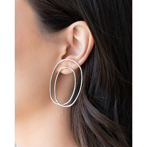 Brinco Fio Oval Duas Voltas 5.0 cm Ródio Branco