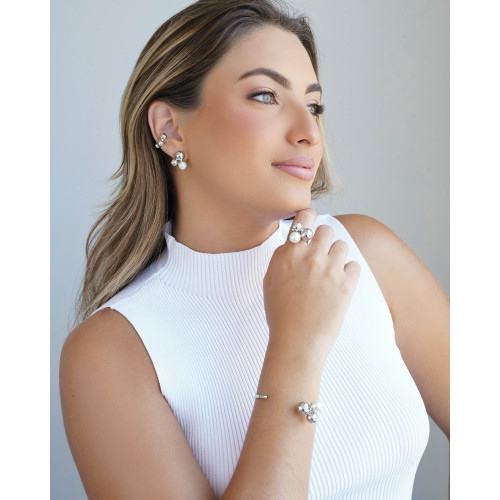 Bracelete Liso Bolas Pérola Ródio Branco