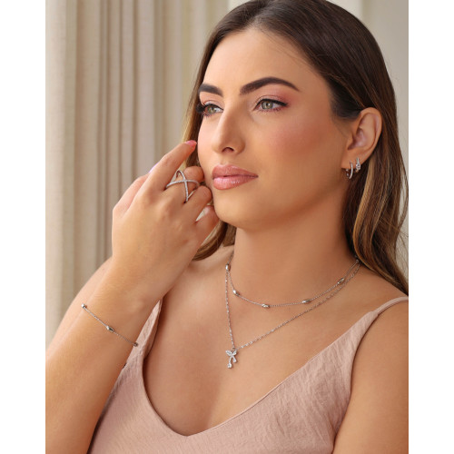 Gargantilha Elos Cereja Cravejado Cristal Ródio Branco - 45 cm