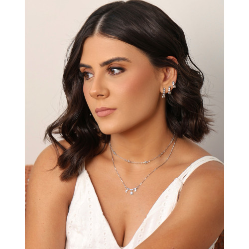 Brinco Argola Click Estrelas Cravejada Cristal 1.1 cm Ródio Branco