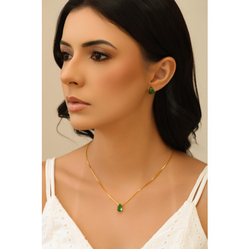 Conjunto Gota Esmeralda Banhado a Ouro 18K