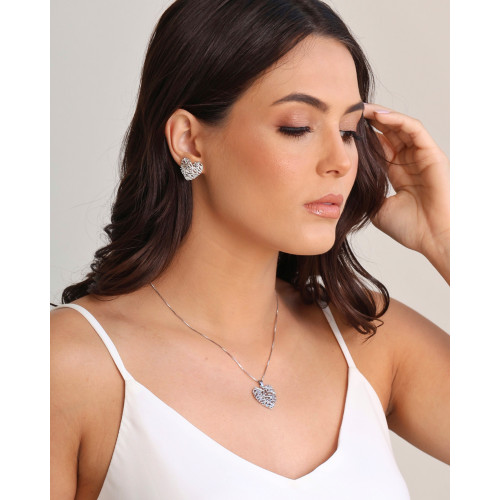 Conjunto Coração Galhos Ródio Branco