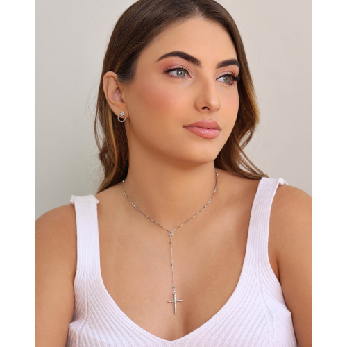 Gargantilha Gravata Bolinhas Cruz Cravejado Cristal Ródio Branco - 45 cm