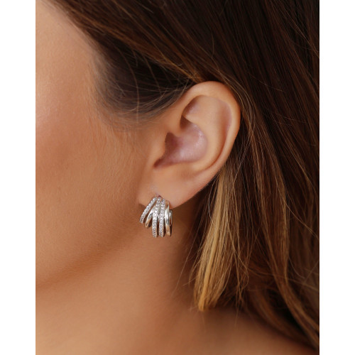 Brinco Argola Filetes Lisos e Cravejados Cristal 1.9 cm Ródio Branco