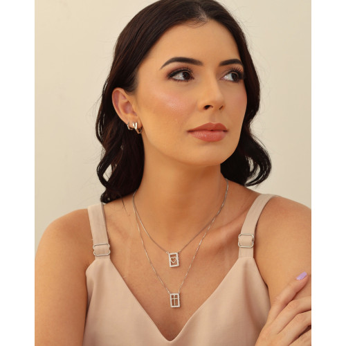 Gargantilha Dupla Cruz Coração Cravejado Cristal Ródio Branco