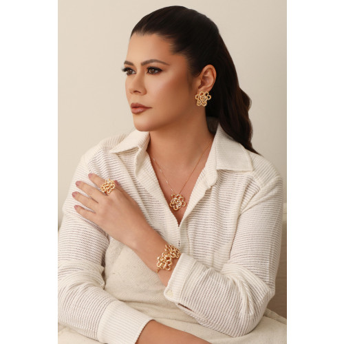 Anel Ajustável Flor Entrelaçada Tamanho G Banhado a Ouro 18K