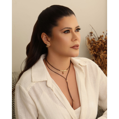 Gargantilha Dupla Fio Coreano Gravata Pingente Barroco Banhado a Ouro 18K - 31 cm