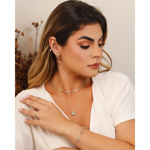 Brinco Argola Click Elos Bolinhas 1.5 cm Ródio Branco