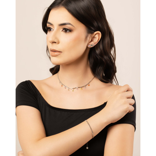 Choker Plaquinhas Pontos de Luz Coloridos Ródio Branco