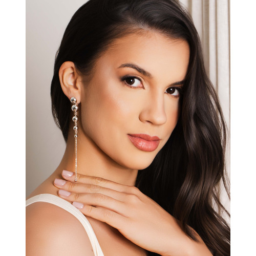 Brinco Pêndulo Bolas Lisas 11.8 cm Ródio Branco