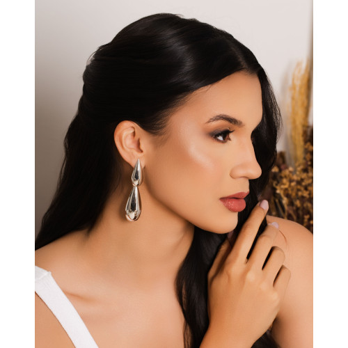 Brinco Gota Dupla Lisa 7.7 cm Ródio Branco