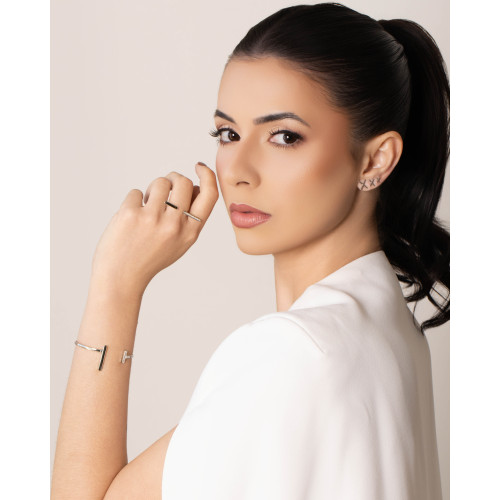 Anel Ajustável Palitos Cravejado Cristal Tamanho M Ródio Branco