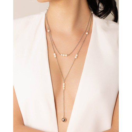 Gagantilha Gravata Dupla Pérolas e Bola Lisa Ródio Branco