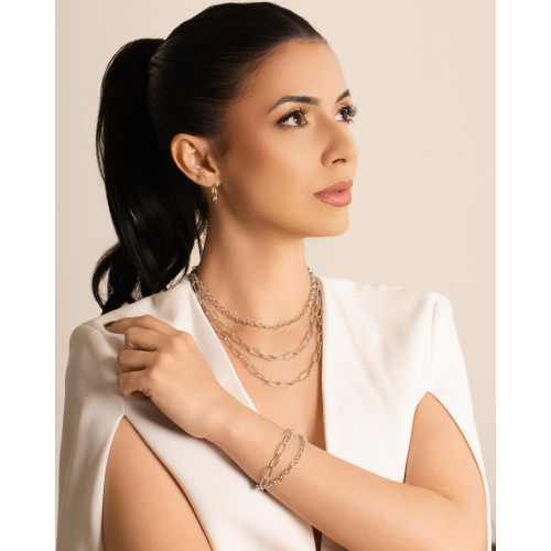 Gargantilha Tripla Elos Ovais e Portugueses Ródio Branco